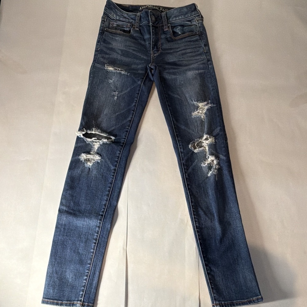 American Eagle 00 Regular  Women's Blue Stretch Distressed Skinny Jeans Denim